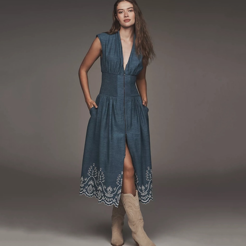 NWT Anthropologie Tommie Denim Chambray Zip Eyelet Embroidered Trim Dress Medium - Picture 6 of 6